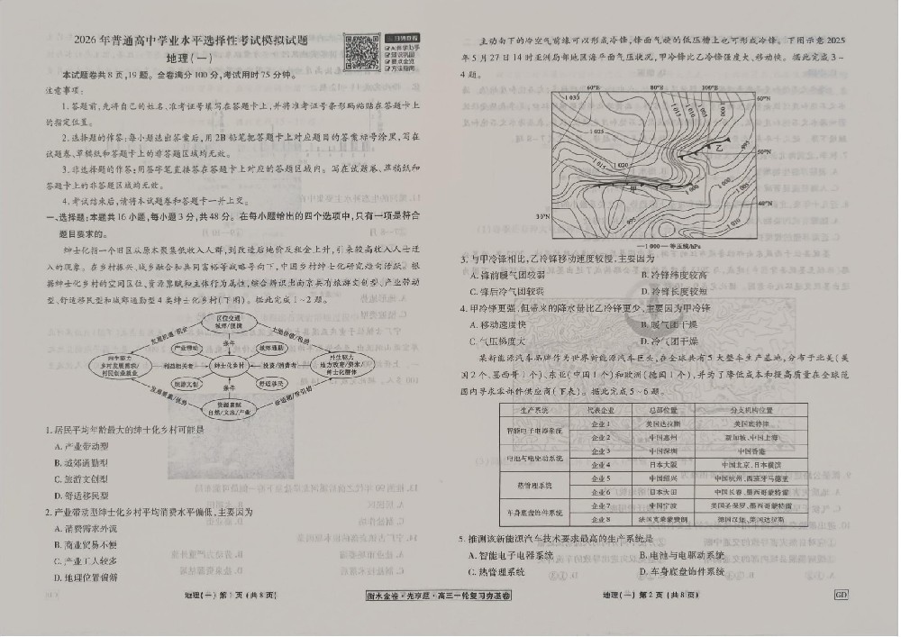 衡水金卷2026年地理GD1一轮复习夯基卷试卷